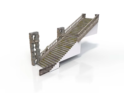 Detailed 3D Stone Staircase Model With Railings And Stone Support Walls 3d model