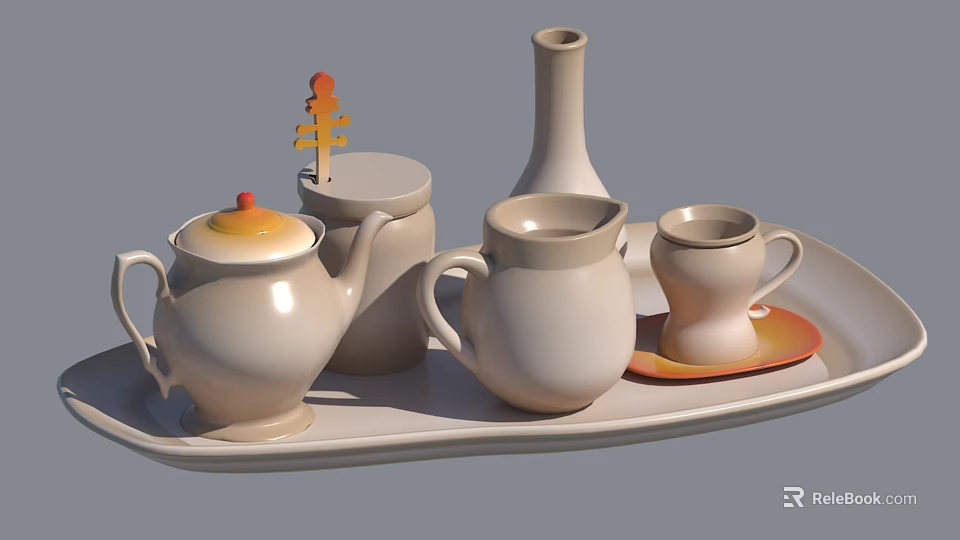 Ceramic Tea Set With Sugar Jar Milk Jug Cup And Violin Decor On Tray 3d model 