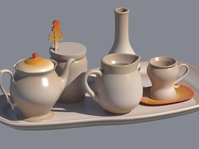 Ceramic Tea Set With Sugar Jar Milk Jug Cup And Violin Decor On Tray 3d model