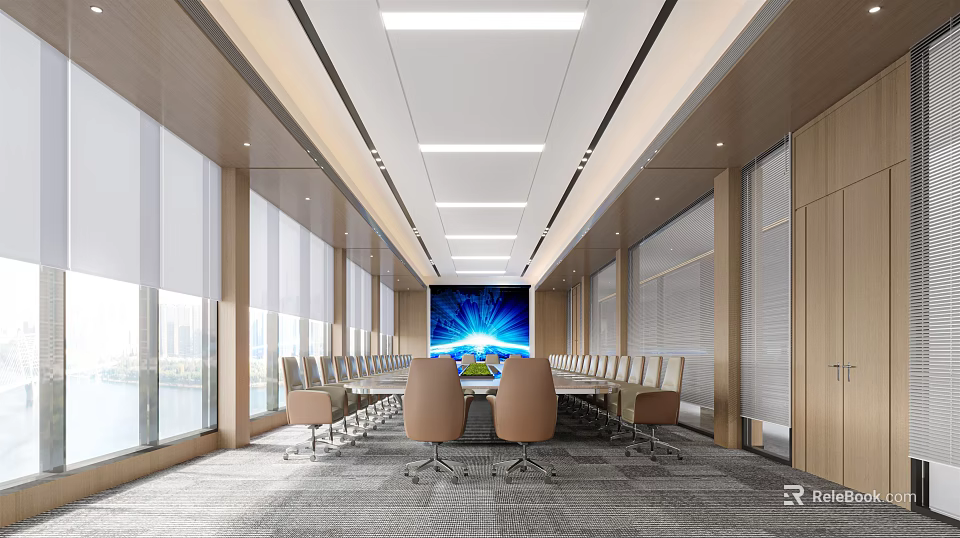 Modern Conference Room Interior With Long Table Multiple Chairs Large Screen And Window View 3d model