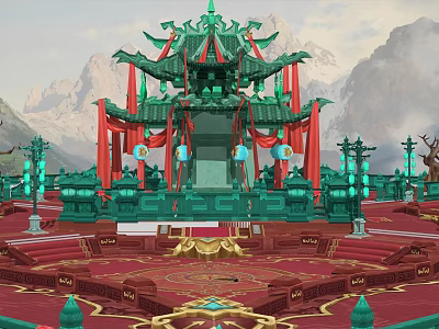 Ancient Architecture With Green Multi Layered Roofs Red Curtains Mountain Backdrop And Decorative Lanterns 3d model