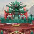 Ancient Architecture With Green Multi Layered Roofs Red Curtains Mountain Backdrop And Decorative Lanterns