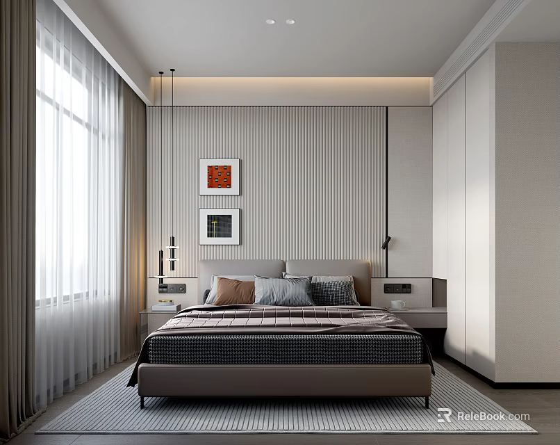 Modern Bedroom Interior With Striped Wall Double Bed Decorative Paintings Nightstands Wardrobe And Curtains 3d model 