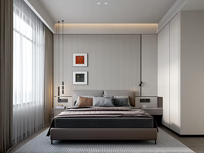 Modern Bedroom Interior With Striped Wall Double Bed Decorative Paintings Nightstands Wardrobe And Curtains 3d model