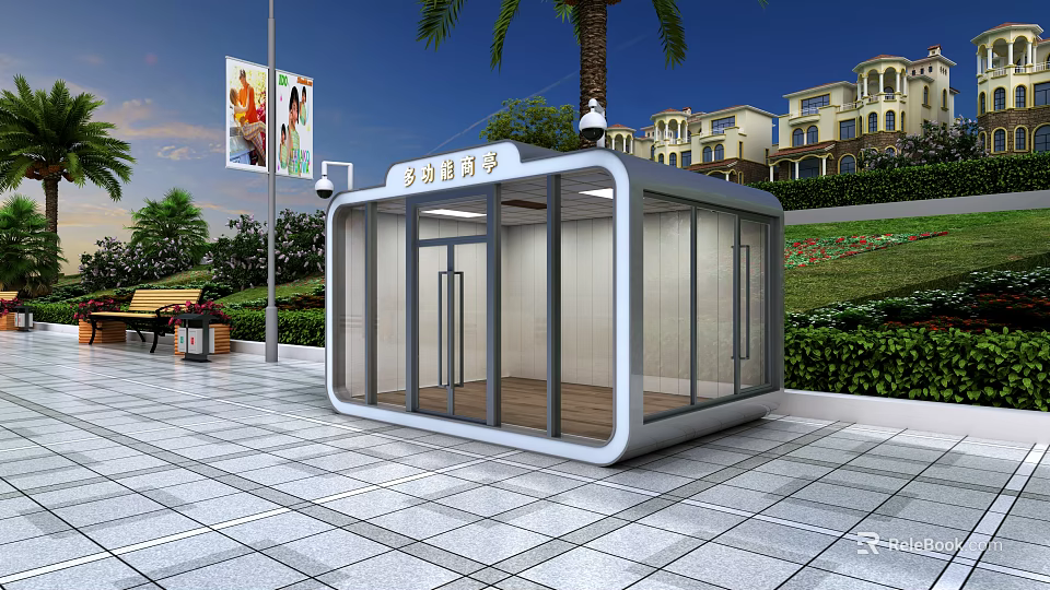 Modern Security Booth With Glass Walls On Plaza Near Green Plants And Street Lamp 3d model 