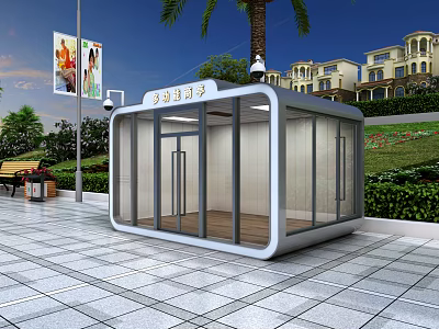 Modern Security Booth With Glass Walls On Plaza Near Green Plants And Street Lamp 3d model