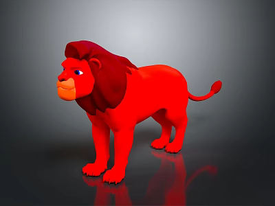 3D Animated Lion Character With Red Mane Blue Eyes And Reflection On Dark Background 3d model