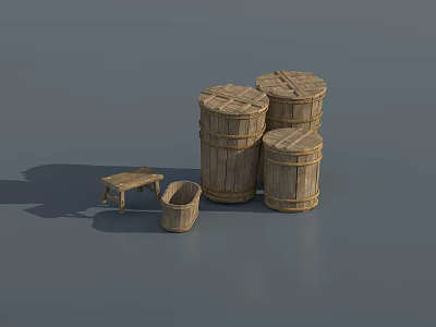 Rustic Wooden Decorative Ornament Set With Barrels Stool And Basket For Home Decor 3d model