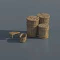 Rustic Wooden Decorative Ornament Set With Barrels Stool And Basket For Home Decor