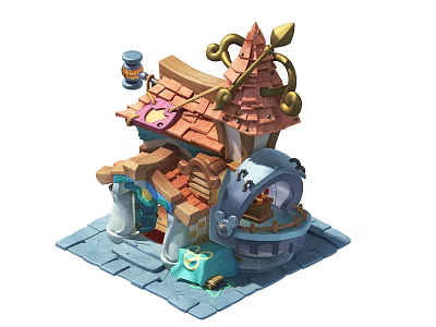 Cartoon Scenery With Cute House Brown Roof Golden Decor Lantern And Waterwheel On Stone Path 3d model