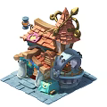 Cartoon Scenery With Cute House Brown Roof Golden Decor Lantern And Waterwheel On Stone Path