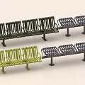 Green And Black Metal Public Chairs With Slatted Seats And Armrests