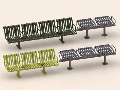 Green And Black Metal Public Chairs With Slatted Seats And Armrests 3d model