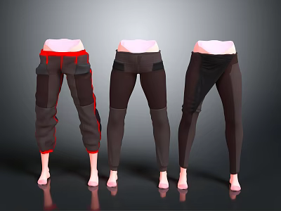 Three Stylish Women's Pants With Different Designs And Color Accents 3d model