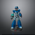Blue Robot Character Figure With Red Accents Standing On Round Base