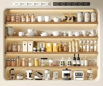 Spice Jars And Various Kitchen Items On Shelves 3d model