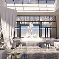 Elegant Banquet Hall Interior With White Decor Flower Arrangements Large Windows And Chandeliers