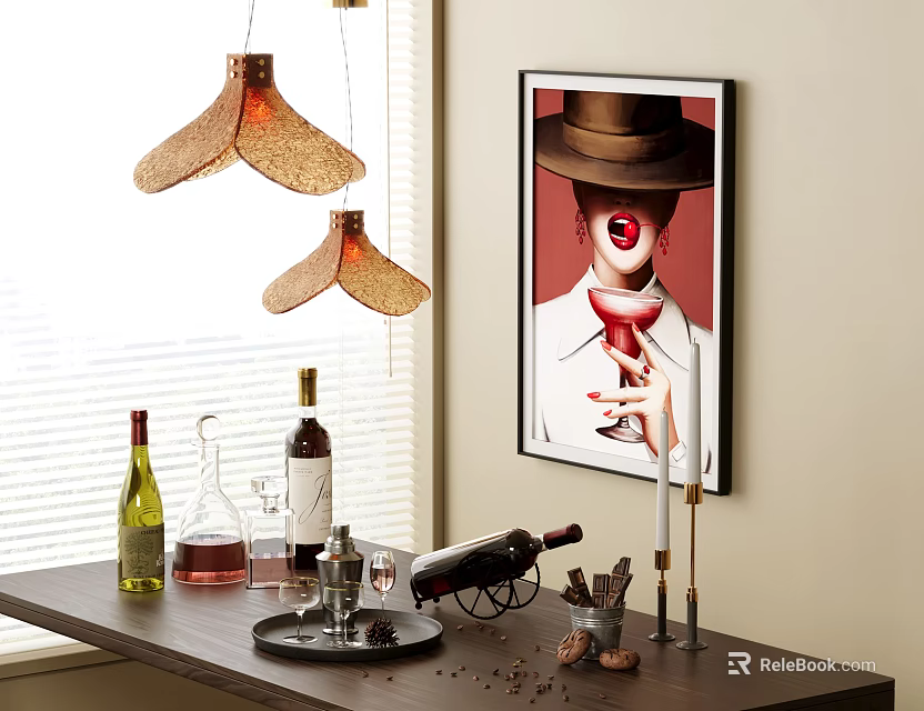 Wine Bottles And Glasses Displayed On Table With Stylish Decor 3d model 