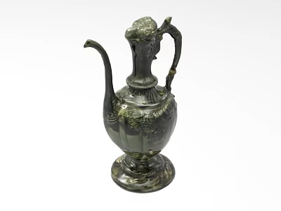 Elegant Dark Green Ceramic Ewer With Decorative Handle Spout And Carved Patterns 3d model