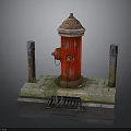 Vintage Red Fire Hydrant With Rusty Poles On Stone Paved Surface And Drain Grate