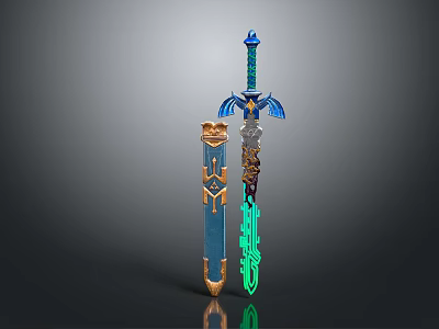 Blue Fantasy Sword With Golden Accents Scabbard And Glowing Green Blade 3d model