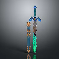 Blue Fantasy Sword With Golden Accents Scabbard And Glowing Green Blade