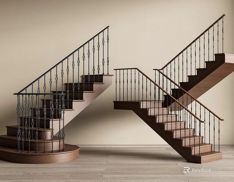 Stairs With Wrought Iron Railings And Wooden Steps In Beige Wall Interior 3d model 