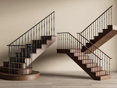 Stairs With Wrought Iron Railings And Wooden Steps In Beige Wall Interior 3d model