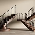 Stairs With Wrought Iron Railings And Wooden Steps In Beige Wall Interior