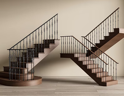 Stairs With Wrought Iron Railings And Wooden Steps In Beige Wall Interior 3d model