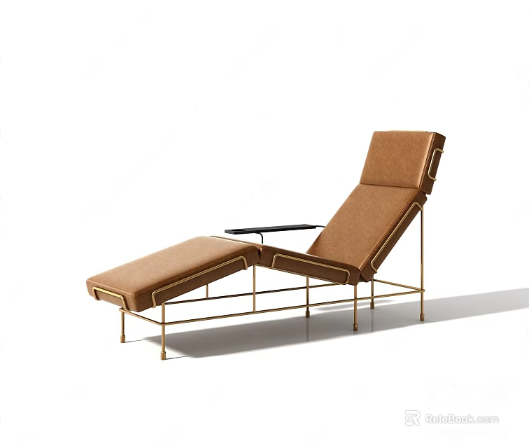 Modern Brown Leather Lounge Chair with Golden Metal Frame and Side Tray 3d model 