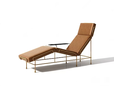 Modern Brown Leather Lounge Chair with Golden Metal Frame and Side Tray 3d model