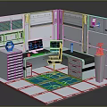 Workstation Interior With Computer Monitors Desk Chair Storage Drawers Blue Mat And Green Plant
