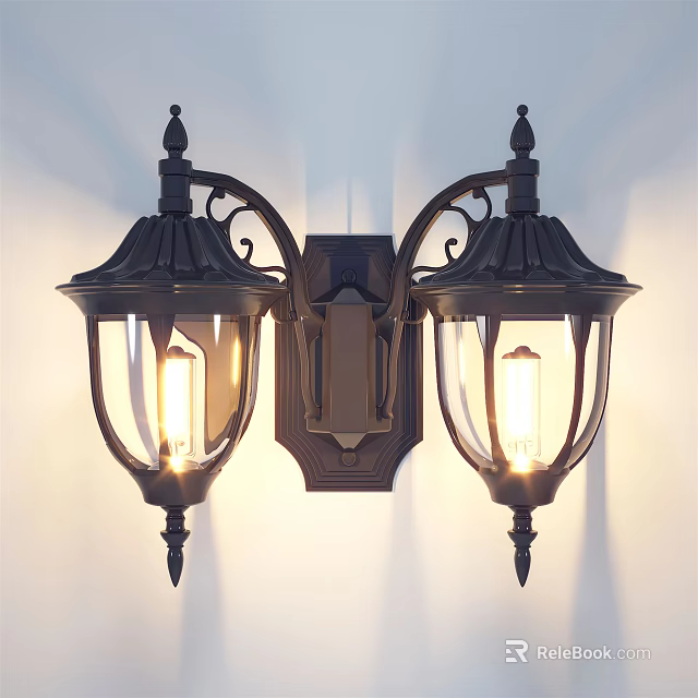 Vintage Double Wall Sconces Featuring Glass Shades Lit Bulbs And Decorative Design 3d model 