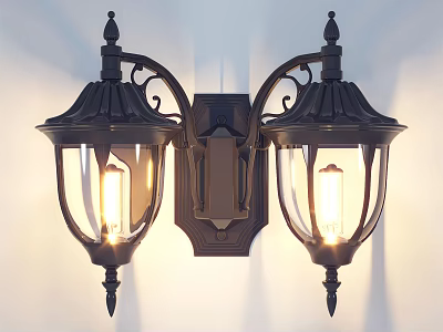 Vintage Double Wall Sconces Featuring Glass Shades Lit Bulbs And Decorative Design 3d model