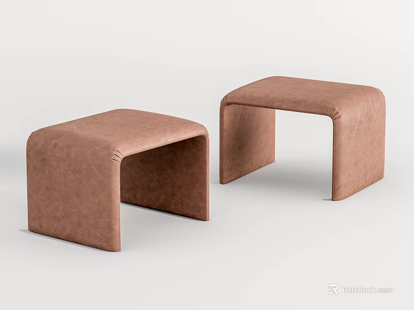 Two Brown Leather Sofa Stools With Modern Minimalist Arched Design 3d model 