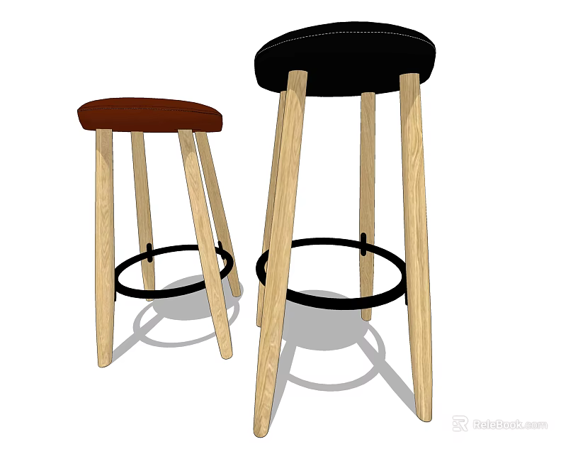 Two Modern Bar Stools With Light Wood Legs Round Footrest And Brown Black Seats 3d model 