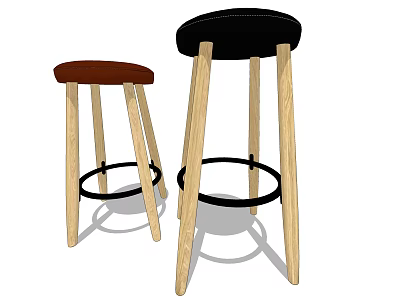 Two Modern Bar Stools With Light Wood Legs Round Footrest And Brown Black Seats 3d model