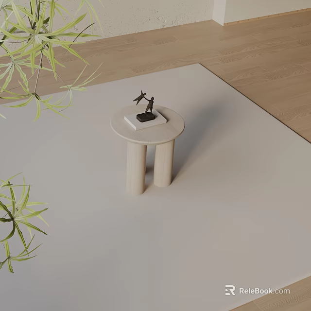 Modern Round Side Table With Wooden Legs On Light Carpet And Green Plant 3d model 