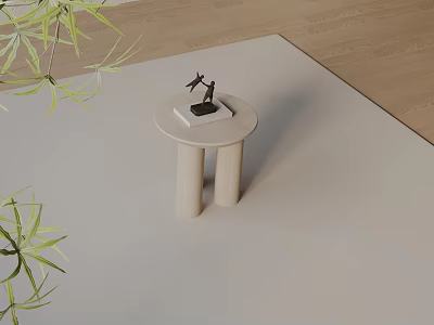 Modern Round Side Table With Wooden Legs On Light Carpet And Green Plant 3d model