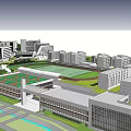Modern School Building With White Exterior Green Lawn Track Field And Trees