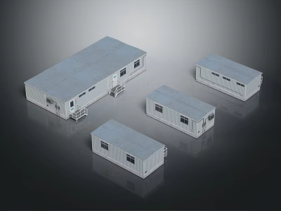 Multiple Light Colored Modular Container Buildings With Gray Roofs And Metal Structures 3d model