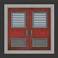 Red Metal Double Entry Door With Silver Frame And Louvered Window Panels