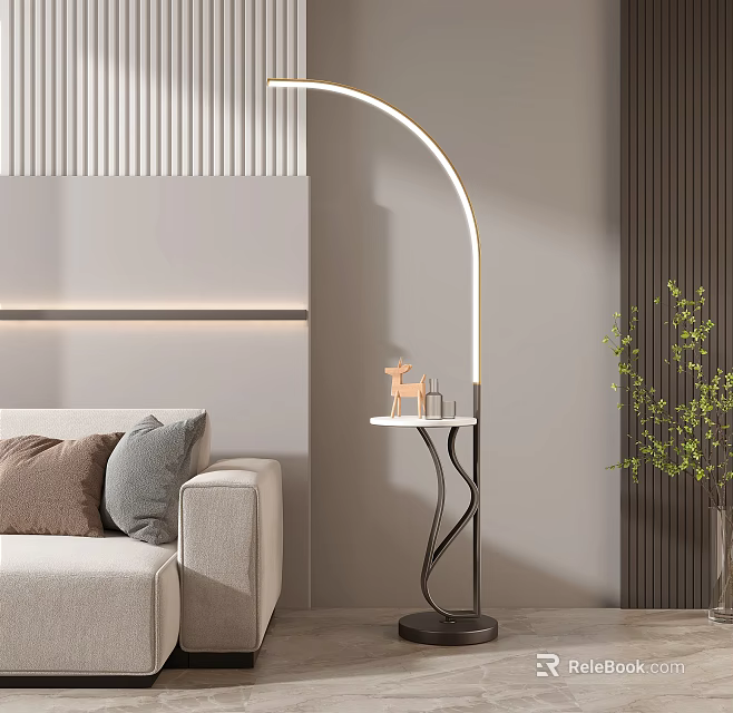 Modern Arc Floor Lamp With Side Table Deer Figurine In Living Room Sofa Green Plant 3d model 