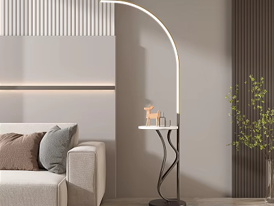 Modern Arc Floor Lamp With Side Table Deer Figurine In Living Room Sofa Green Plant 3d model