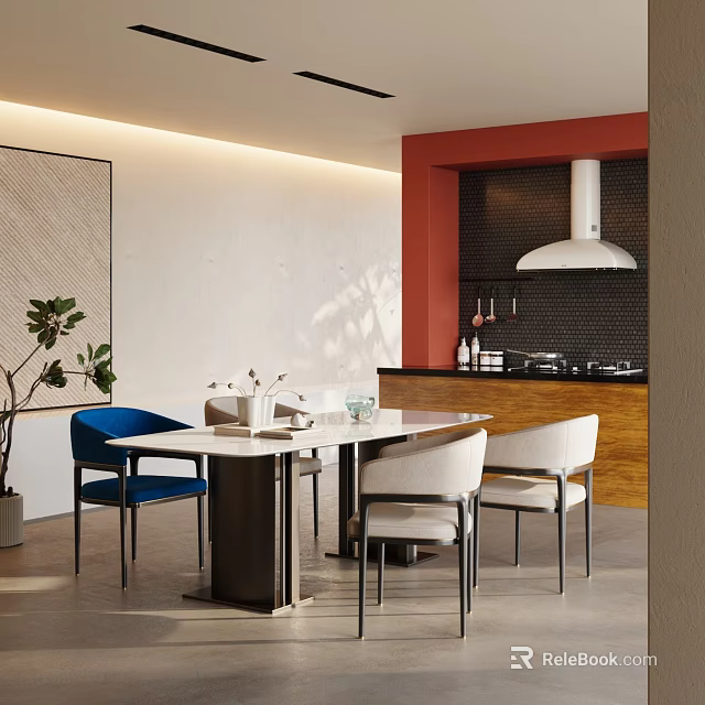 Modern Restaurant Interior With Marble Dining Table Blue White Chairs And Red Accent Wall 3d model 