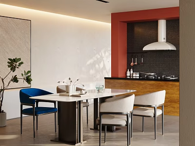 Modern Restaurant Interior With Marble Dining Table Blue White Chairs And Red Accent Wall 3d model