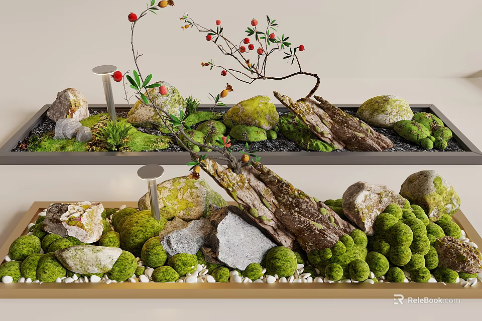 Lush Green Moss Landscape With Natural Stones Decorative Branches And Red Berries 3d model 