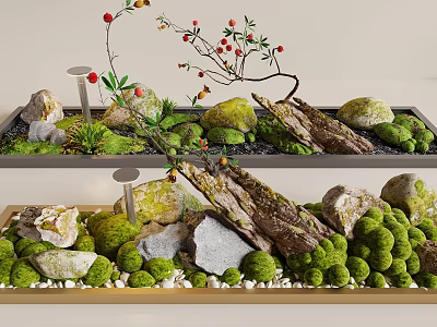 Lush Green Moss Landscape With Natural Stones Decorative Branches And Red Berries 3d model