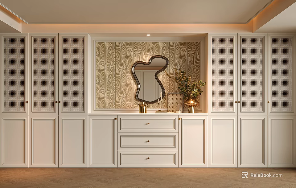 Modern Elegant White Wardrobe with Lattice Doors Decorative Mirror Drawers against Patterned Backdrop 3d model 